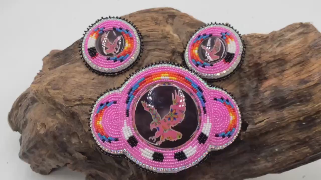 Hand Beaded Pink Migizi Barrette and Earring Set: Anishinaabe Ojibwe Craft