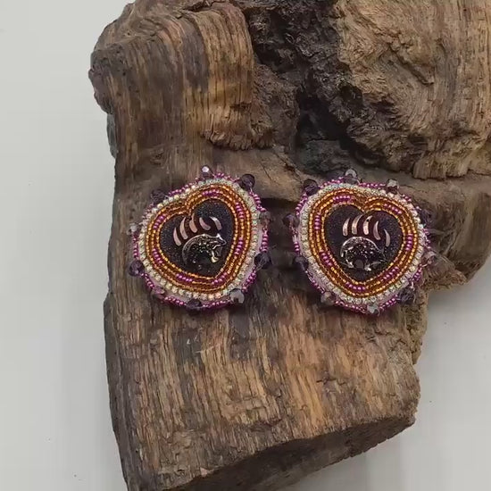 Iridescent Bear Claw Heart Shaped Beaded Earrings – Authentic Anishinaabe/Ojibwe Beadwork