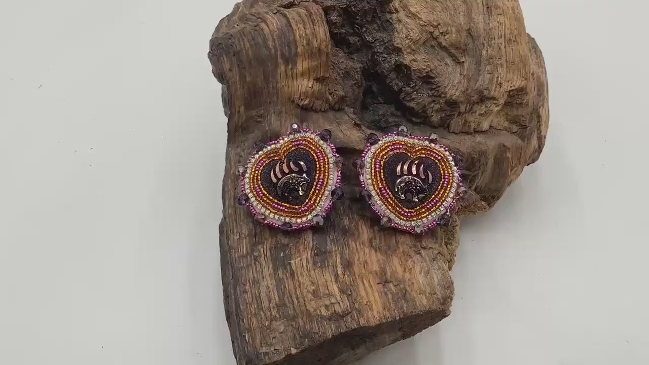 Iridescent Bear Claw Heart Shaped Beaded Earrings – Authentic Anishinaabe/Ojibwe Beadwork