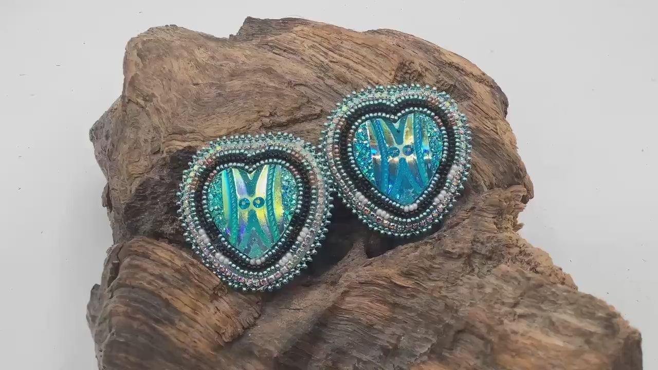 Shimmering Blue Heart Earrings- Anishinaabe/ Ojibwe Made