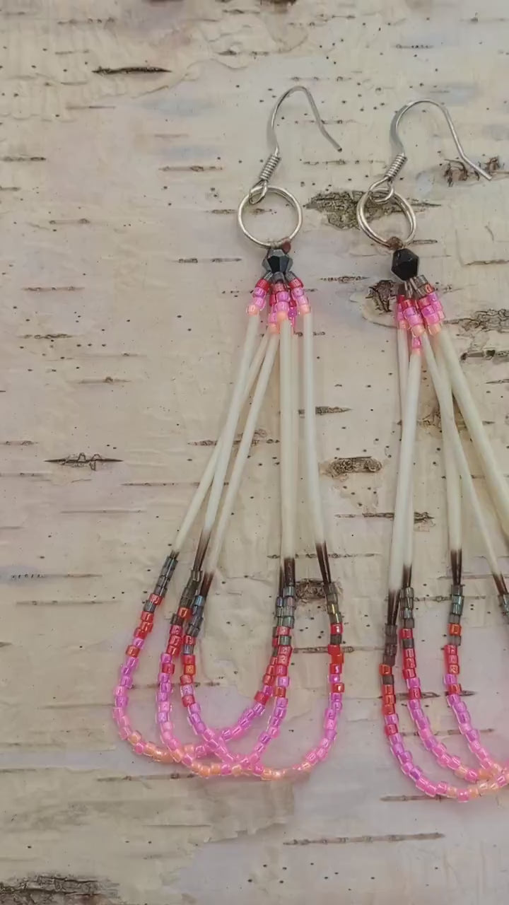 Porcupine quilled dangle earrings/Handmade-Ojibwe