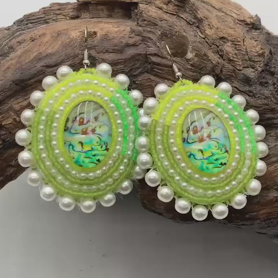 Hand Beaded Green and Pearl Bead Earrings: Anishinaabe/Ojibwe Beadwork