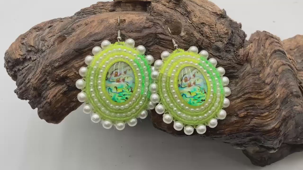 Hand Beaded Green and Pearl Bead Earrings: Anishinaabe/Ojibwe Beadwork