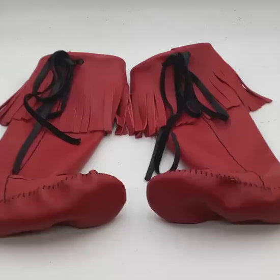 Anishinaabe Ojibwe Handmade Red Leather Moccasin Boots –