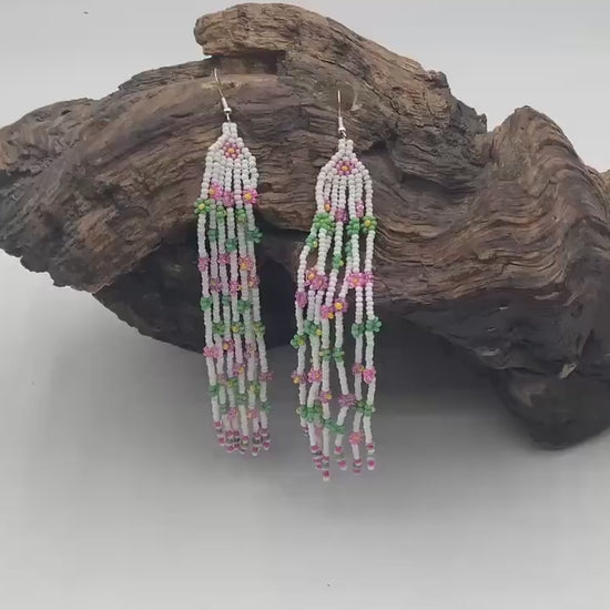 Hand Beaded Daisy Chain Fringe Earrings – Anishinaabe Made