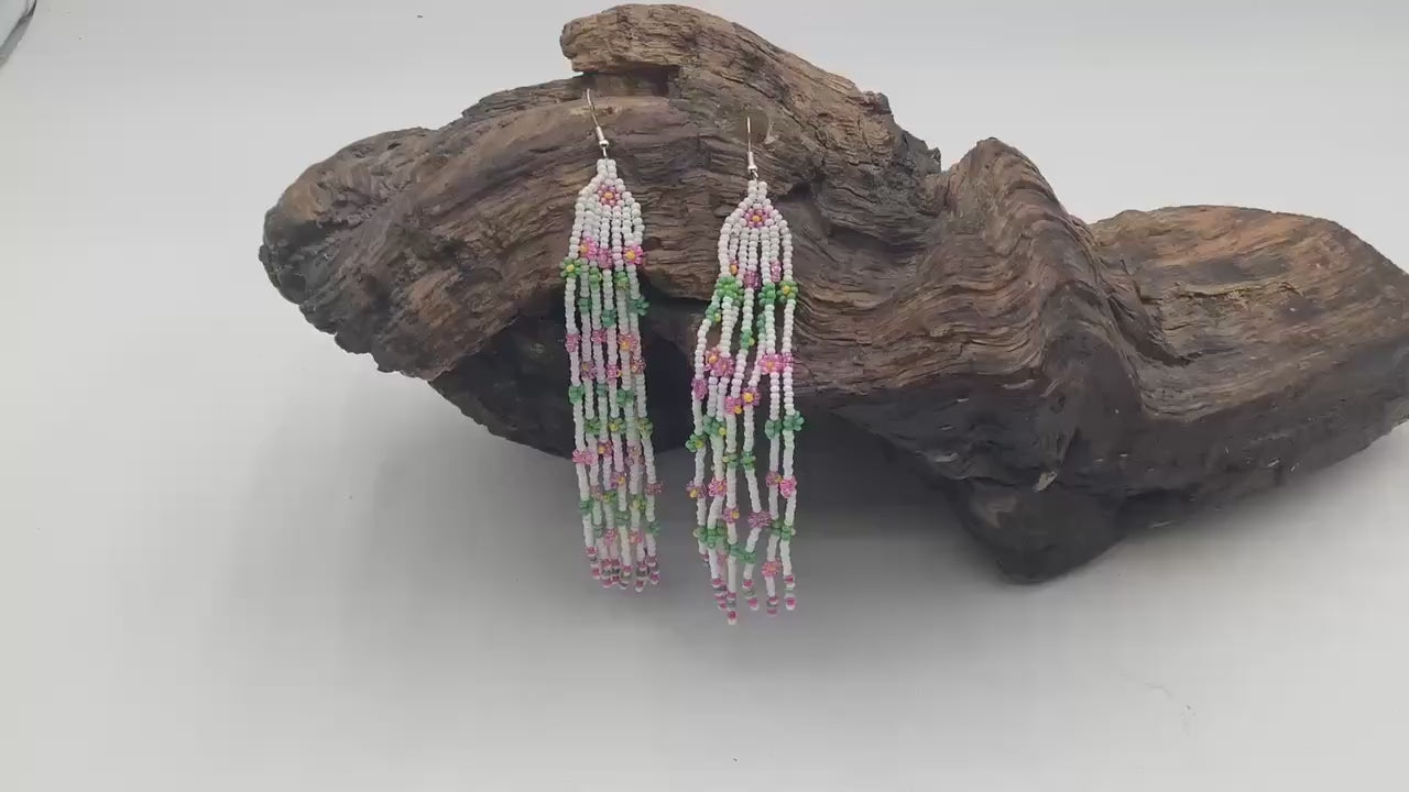 Hand Beaded Daisy Chain Fringe Earrings – Anishinaabe Made