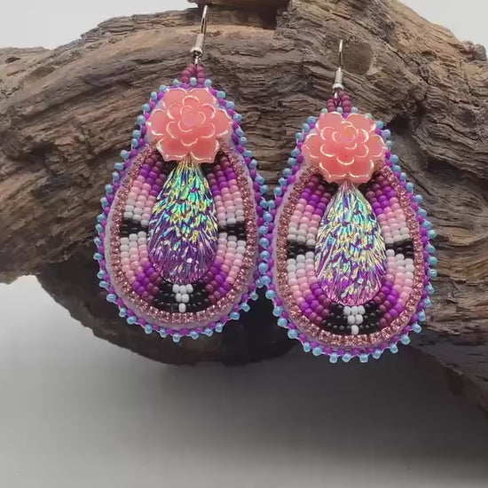 Hand Beaded Double-Centered Flower Teardrop Earrings: Anishinaabe/Ojibwe Beadwork
