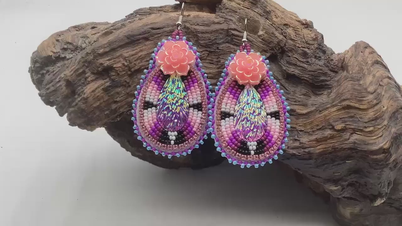 Hand Beaded Double-Centered Flower Teardrop Earrings: Anishinaabe/Ojibwe Beadwork