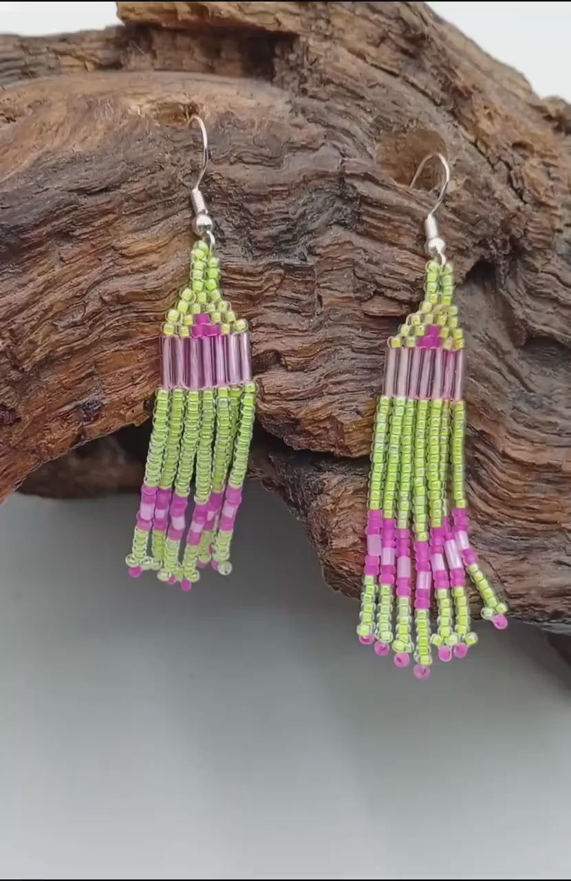 Beaded Fringe Earrings: Anishinaabe Ojibwe Made - 3-inch