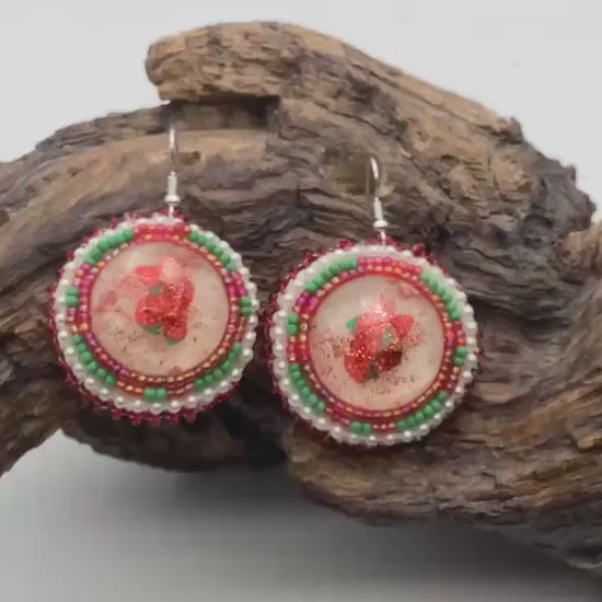 Hand Beaded Strawberry Earrings: Anishinaabe/Ojibwe Beadwork