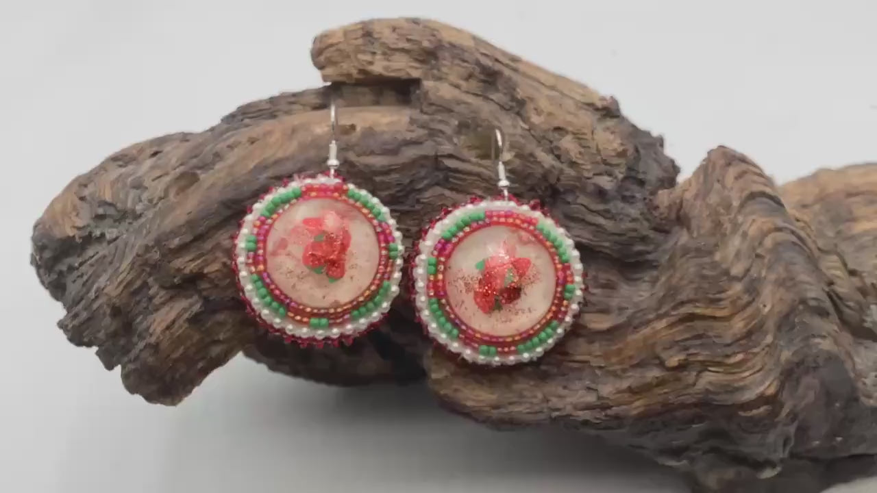Hand Beaded Strawberry Earrings: Anishinaabe/Ojibwe Beadwork