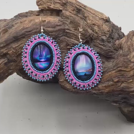 Hand Beaded Northern Lights Earrings: Anishinaabe/Ojibwe Beadwork, Hypoallergenic Hooks