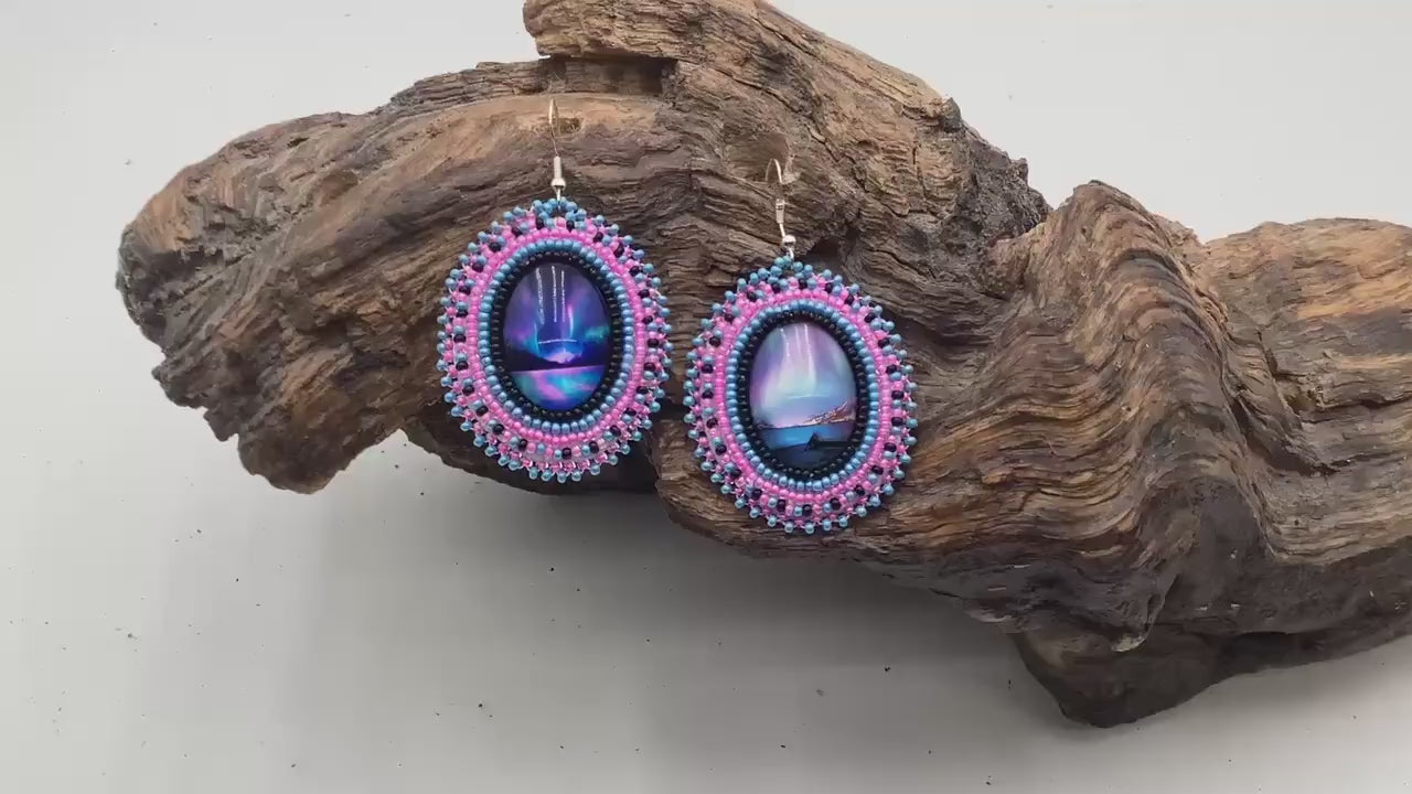 Hand Beaded Northern Lights Earrings: Anishinaabe/Ojibwe Beadwork, Hypoallergenic Hooks
