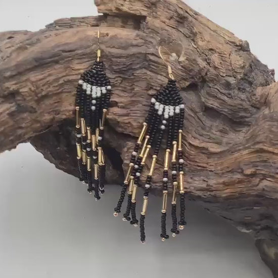 Hand Beaded Dangling Fringe Earrings – Anishinaabe Made