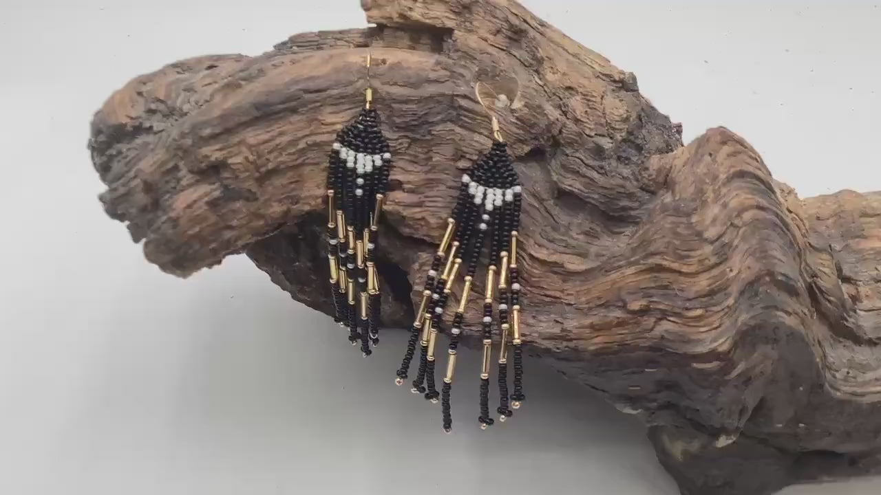 Hand Beaded Dangling Fringe Earrings – Anishinaabe Made