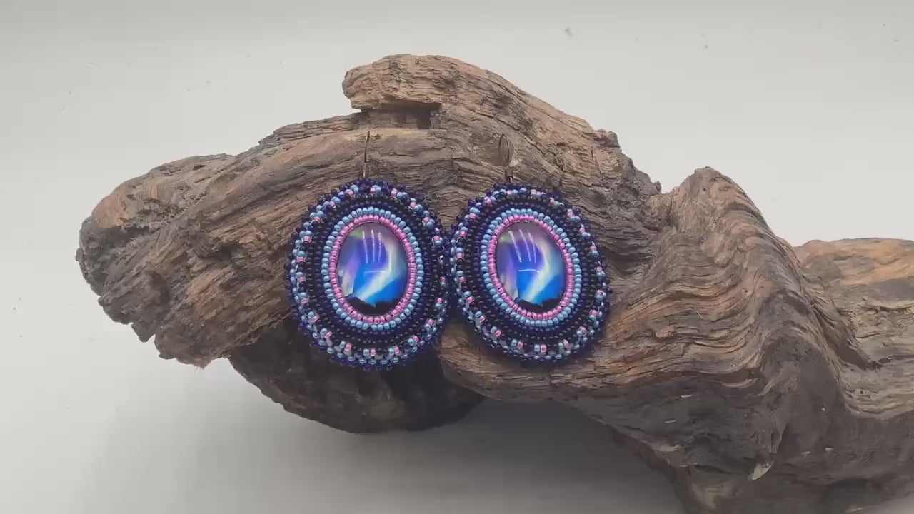 Hand Beaded Northern Lights Earrings: Anishinaabe/Ojibwe Beadwork, Hypoallergenic Hooks