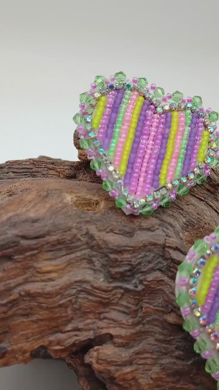 Shimmering Iridescent Heart Shaped Beaded Earrings