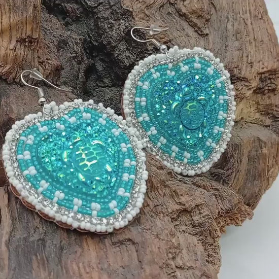 Teal Hearts Hand-Beaded  Earrings - Ojibwe/Anishinaabe Made - Free Shipping