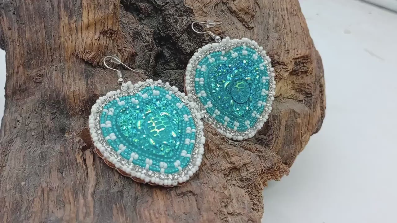 Teal Hearts Hand-Beaded  Earrings - Ojibwe/Anishinaabe Made - Free Shipping