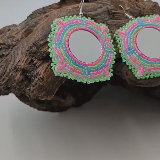 Hand Beaded Mirror Earrings: Anishinaabe/Ojibwe Design