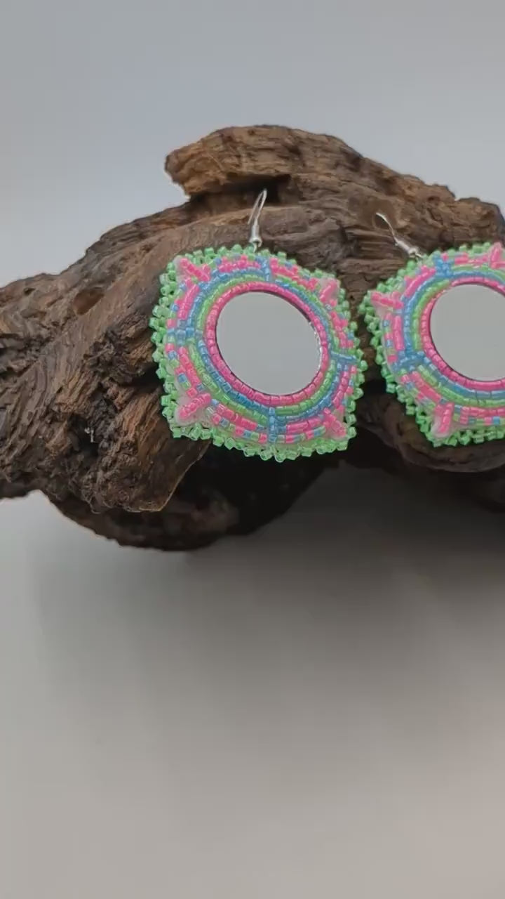 Hand Beaded Mirror Earrings: Anishinaabe/Ojibwe Design