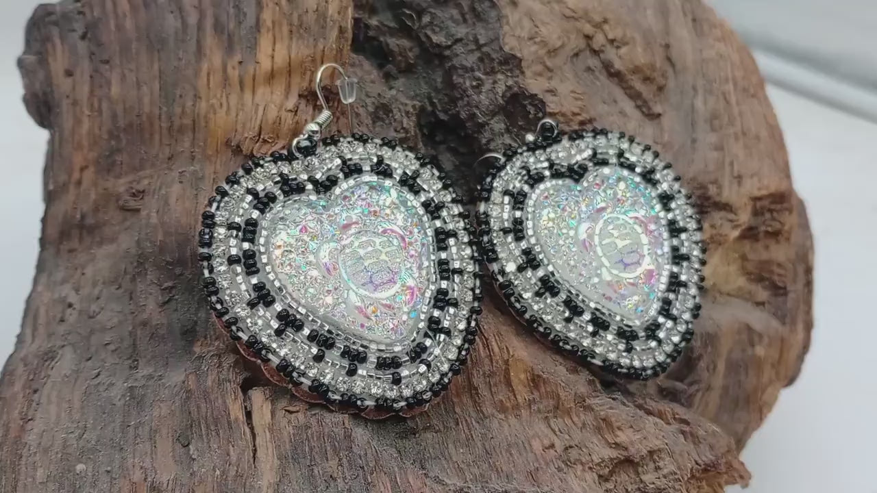 Hand Beaded Heart Earrings - Authentic Anishinaabe Beadwork