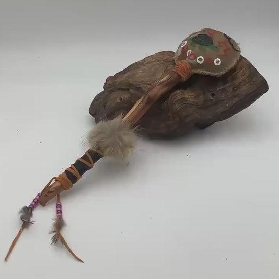 Hand Painted Rawhide Dance Rattle -Ojibwe/Anishinaabe made - Free Shipping