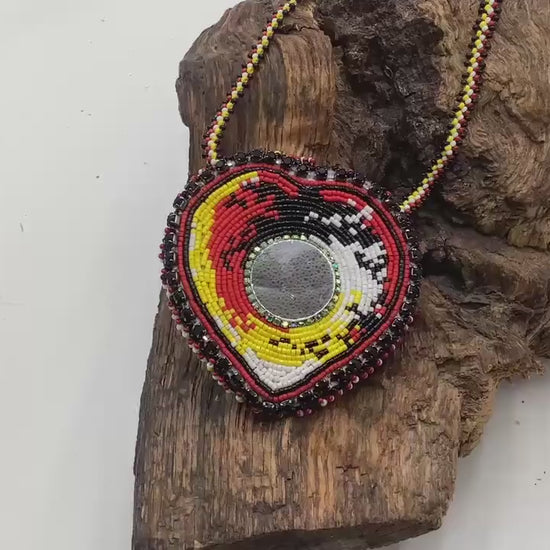 Hand Beaded Medicine Wheel Colored Heart Medallion Necklace – Anishinaabe Ojibwe Artisan Made