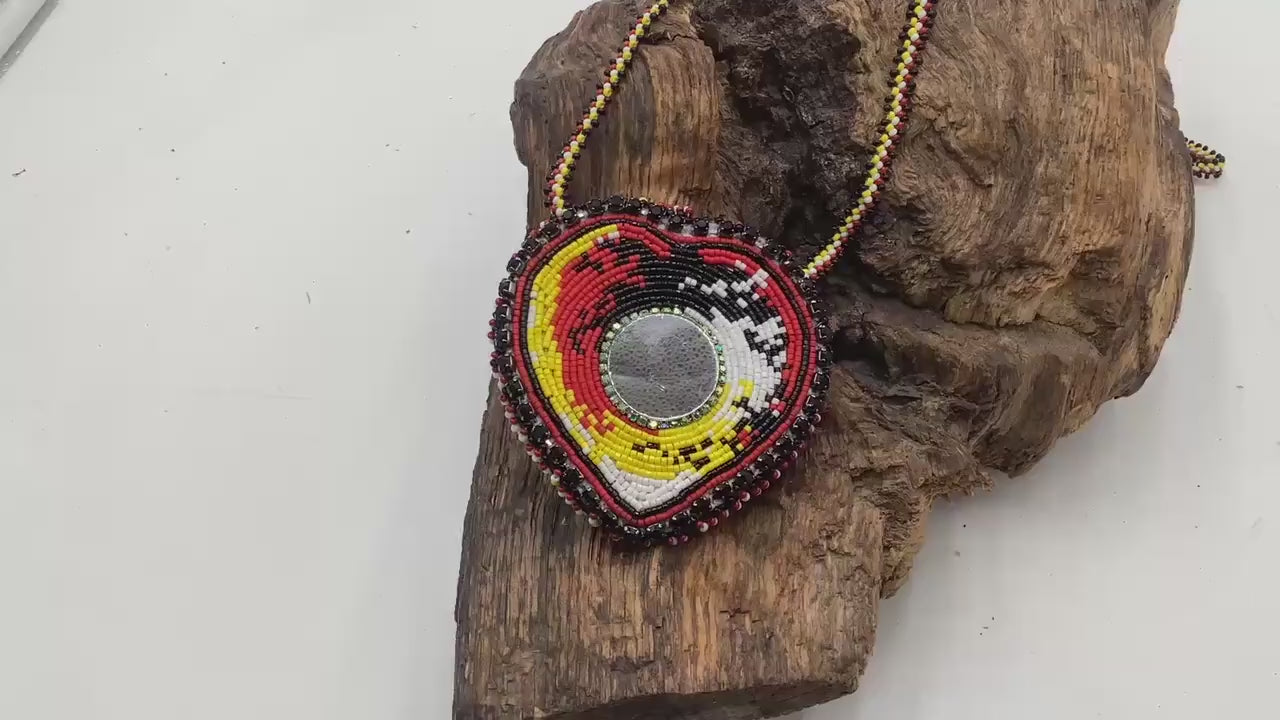 Hand Beaded Medicine Wheel Colored Heart Medallion Necklace – Anishinaabe Ojibwe Artisan Made