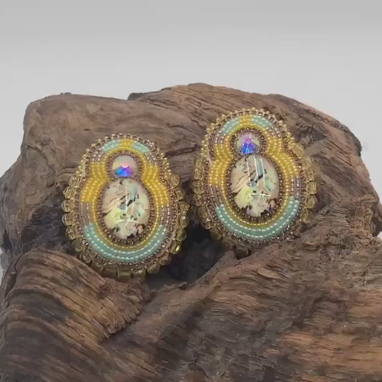 Yellow Double Center Hand Beaded Earrings - Authentic Ojibwe Anishinaabe Beadwork