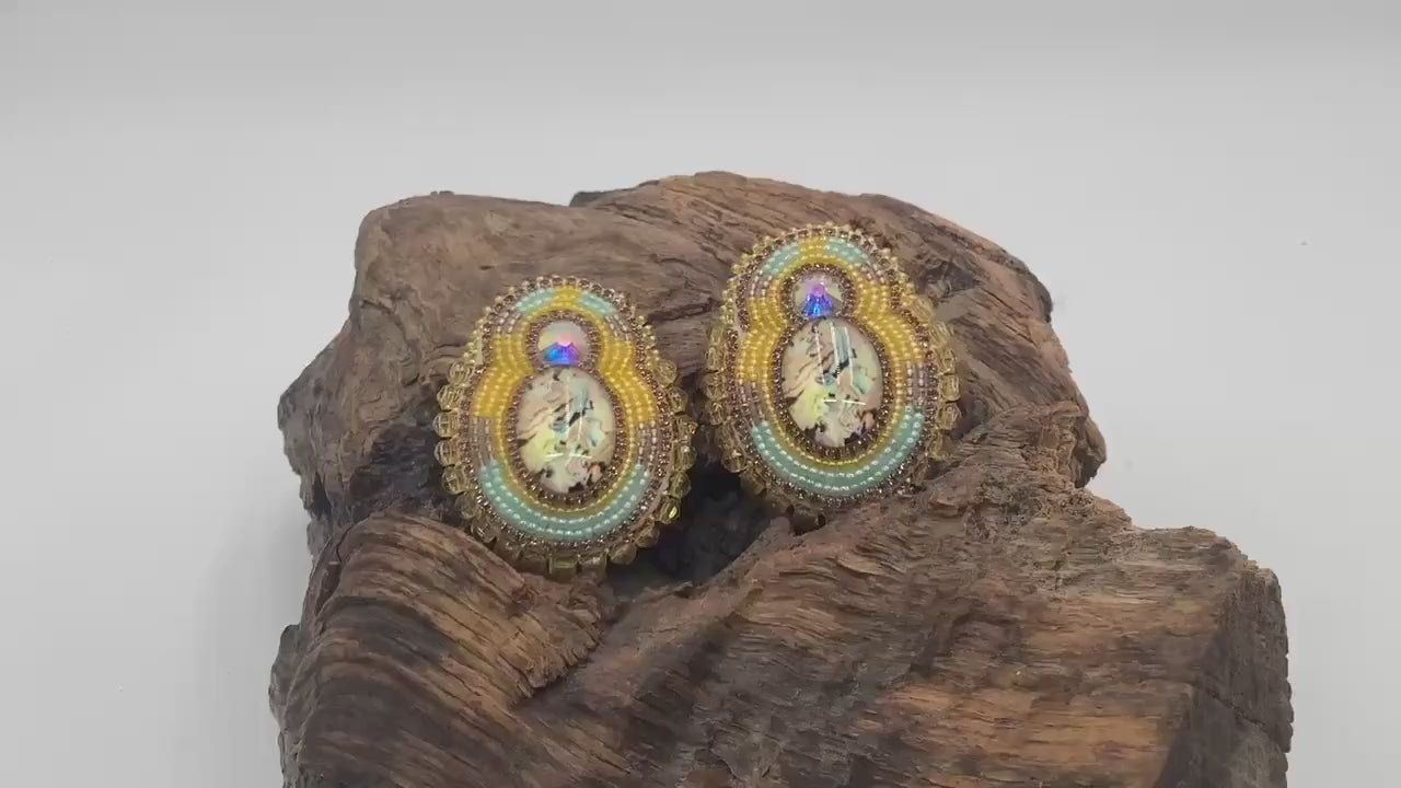 Yellow Double Center Hand Beaded Earrings - Authentic Ojibwe Anishinaabe Beadwork