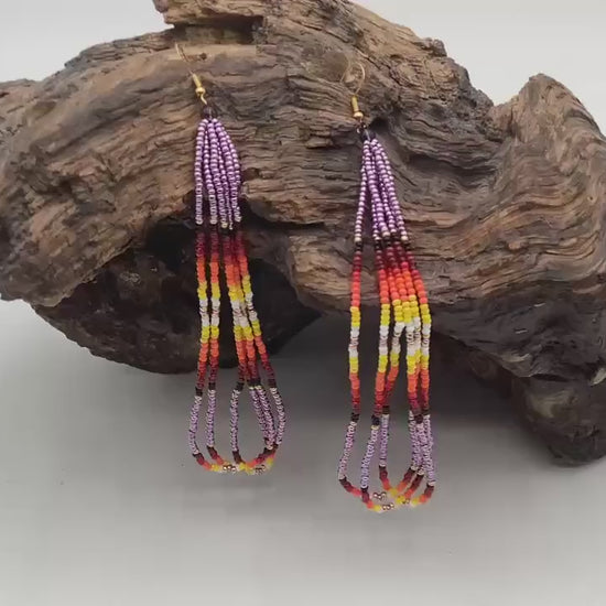 Hand Beaded Fringe Dangle Earrings - Authentic Anishinaabe/Ojibwe Beadwork