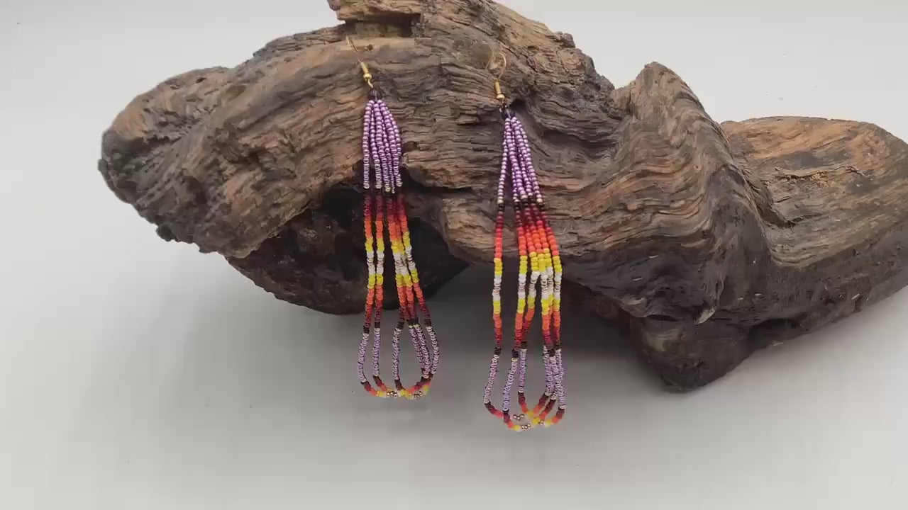 Hand Beaded Fringe Dangle Earrings - Authentic Anishinaabe/Ojibwe Beadwork