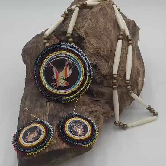Ojibwe Indigenous Eagle Pattern Beadwork Necklace and Earrings Set: Anishinaabe Artisan Jewelry