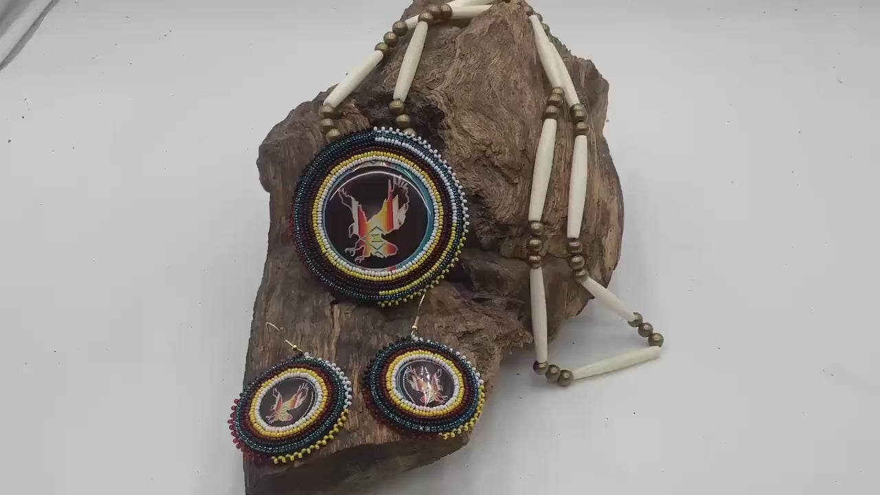 Ojibwe Indigenous Eagle Pattern Beadwork Necklace and Earrings Set: Anishinaabe Artisan Jewelry