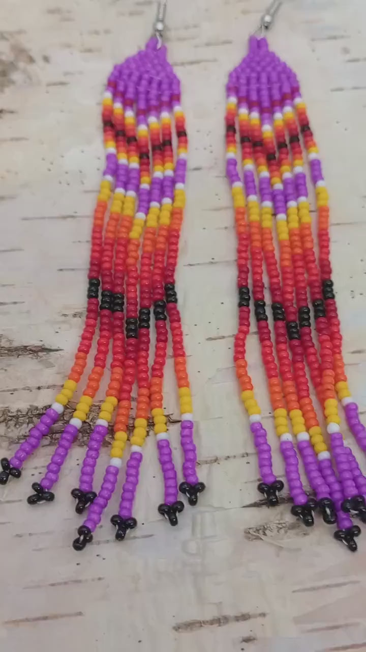 Shades of Lavender & fire colors - Fringe Earrings - Anishinaabe/Ojibwe made
