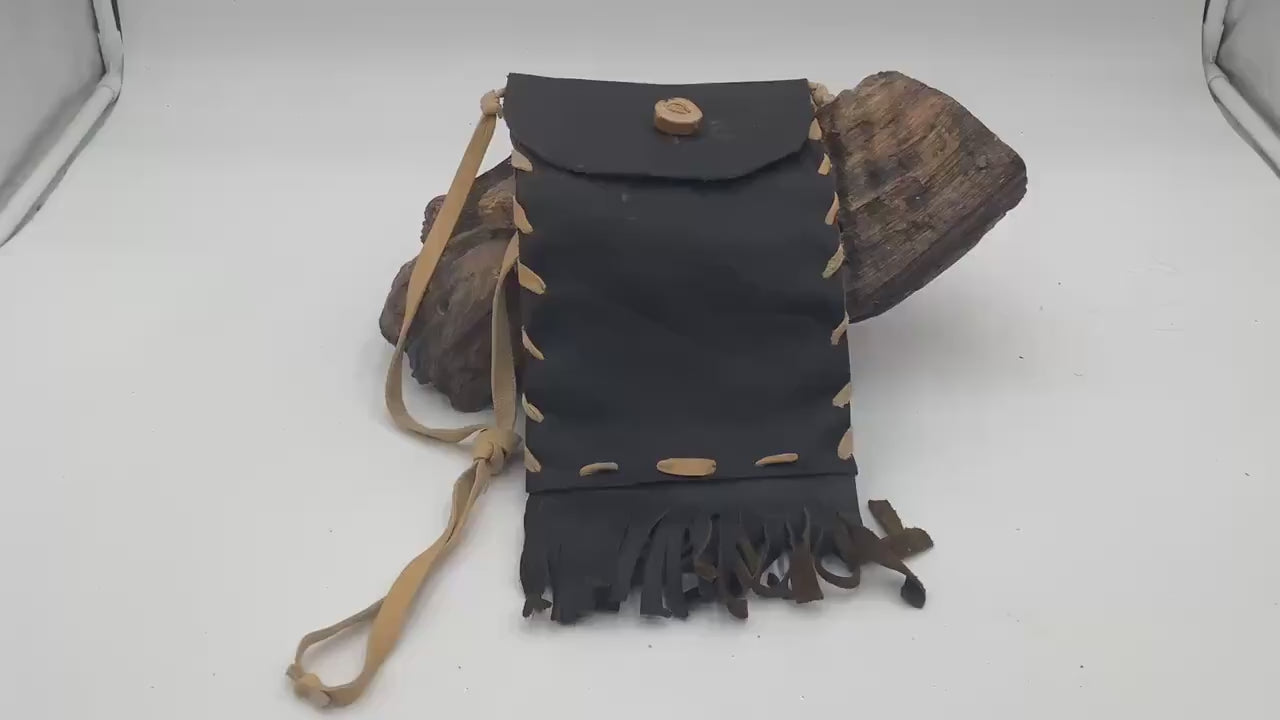 Hand Made Black Leather Bag - Authentic Anishinaabe/Ojibwe Made - Free Shipping
