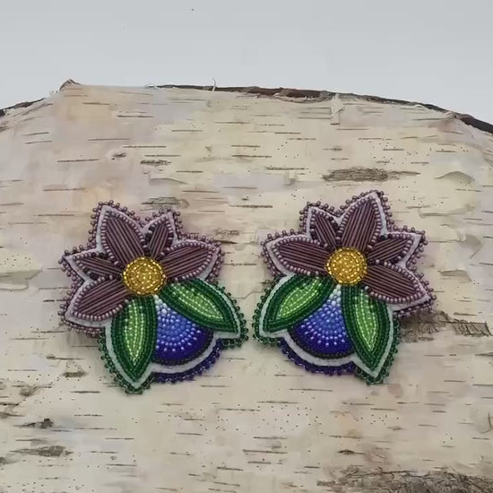 Hand Beaded Midnight Bloom earrings– Purple porcupine quills, White Earth Nation