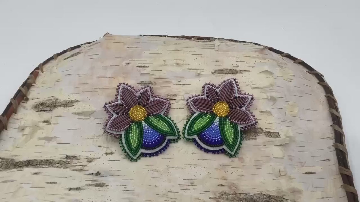 Hand Beaded Midnight Bloom earrings– Purple porcupine quills, White Earth Nation
