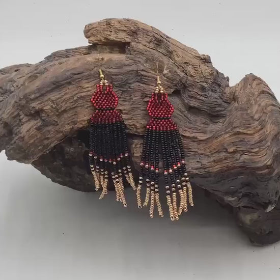 Hand Beaded Dangling Fringe Earrings – Anishinaabe Made
