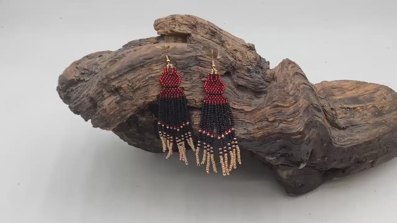 Hand Beaded Dangling Fringe Earrings – Anishinaabe Made