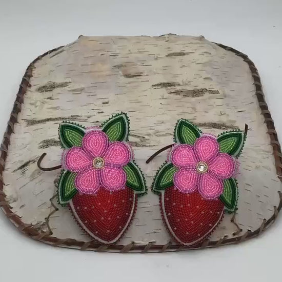 Hand Beaded Ojibwe Pink Petal Berries Braid Ties - Anishinaabe/Ojibwe Made - Free Shipping