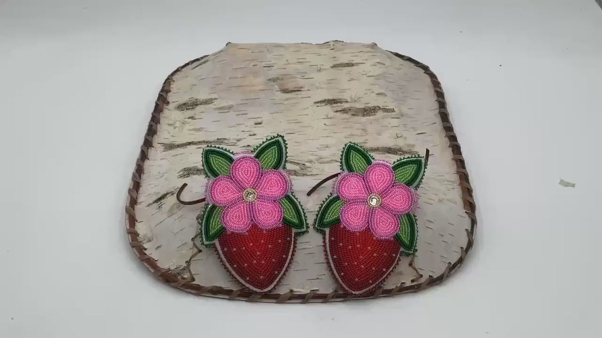 Hand Beaded Ojibwe Pink Petal Berries Braid Ties - Anishinaabe/Ojibwe Made - Free Shipping