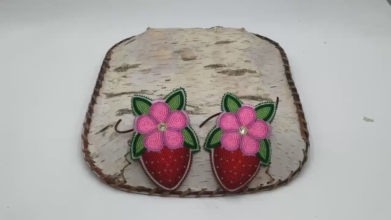 Hand Beaded Ojibwe Pink Petal Berries Braid Ties - Anishinaabe/Ojibwe Made - Free Shipping