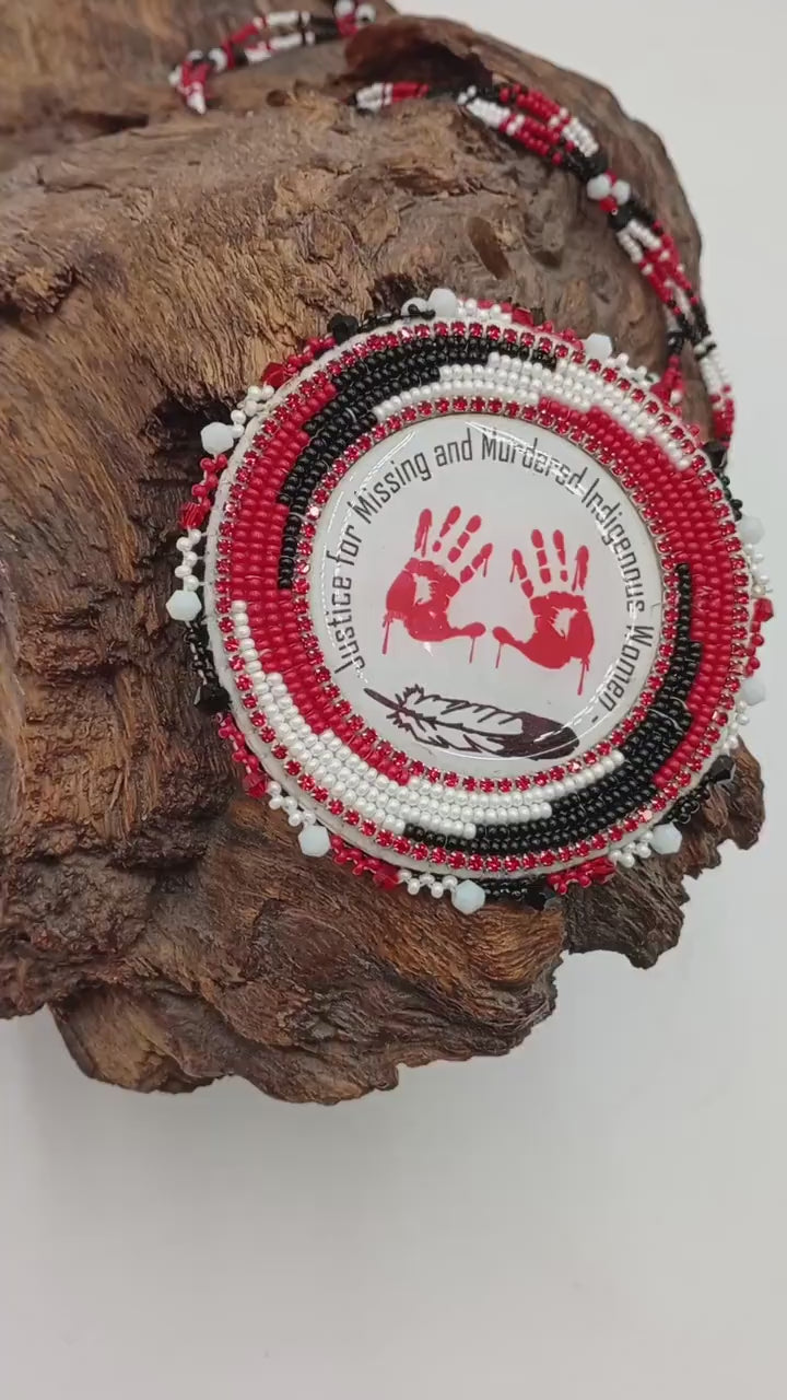 Hand Beaded MMIW Medallion Necklace – Anishinaabe Ojibwe Artisan Made