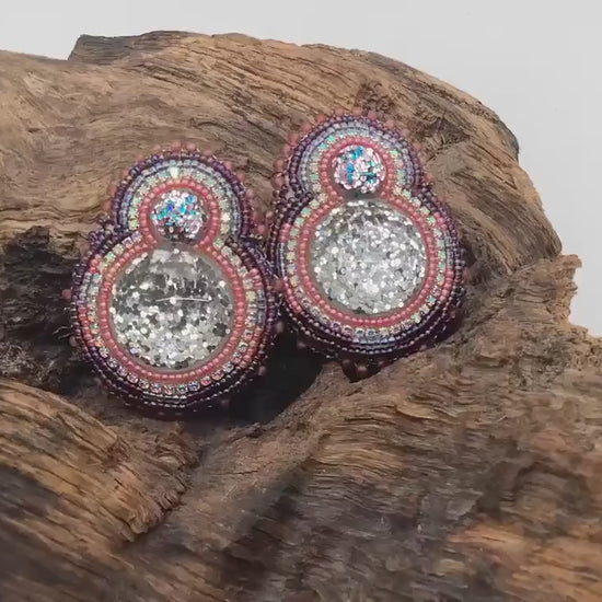 Hand Beaded Double-Center Glitter Earrings – Anishinaabe/Ojibwe Beadwork