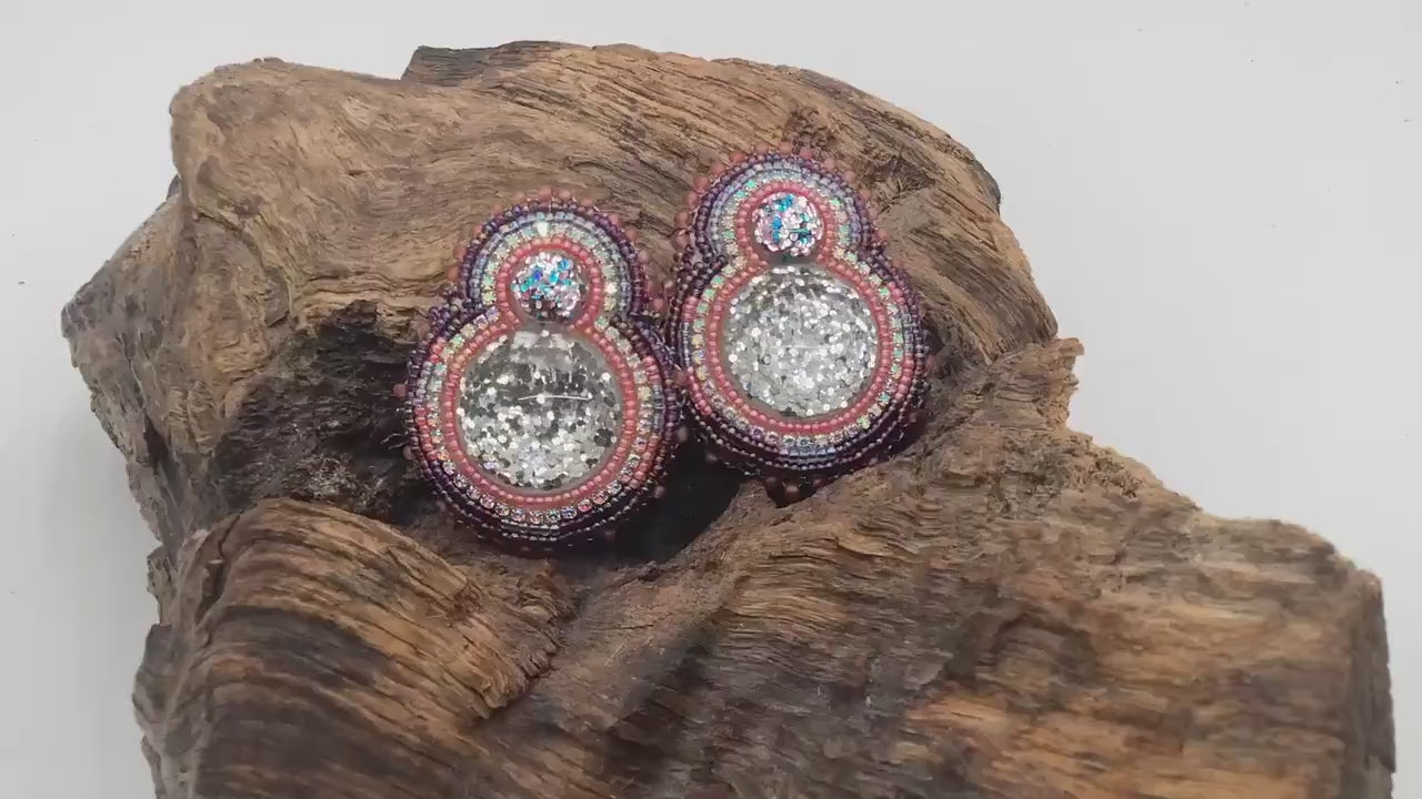 Hand Beaded Double-Center Glitter Earrings – Anishinaabe/Ojibwe Beadwork