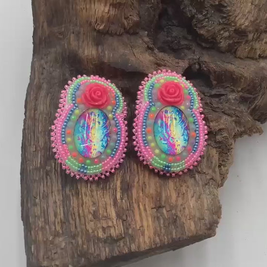 Hand Beaded Double-Center Flower Earrings: Anishinaabe/Ojibwe Beadwork