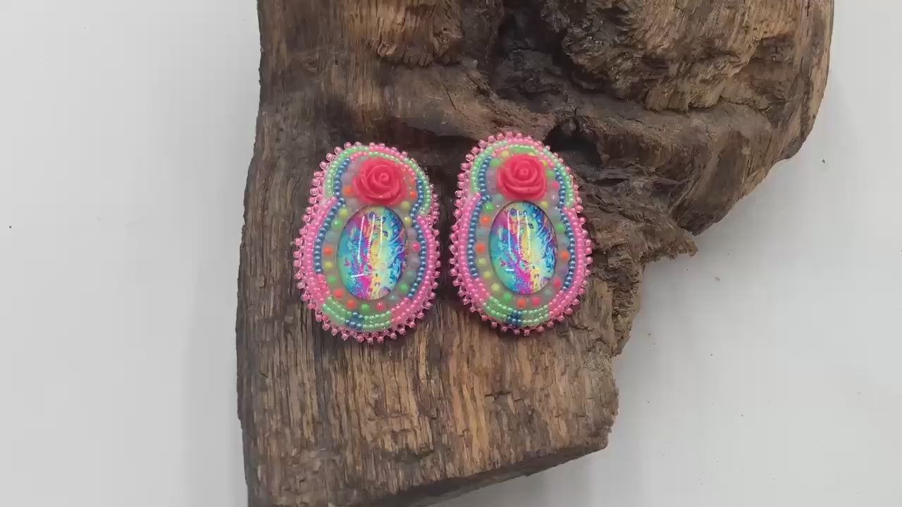 Hand Beaded Double-Center Flower Earrings: Anishinaabe/Ojibwe Beadwork