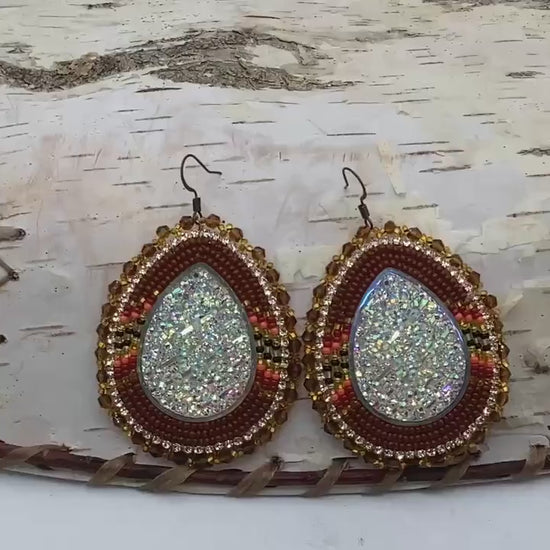 Large Shimmering Fall Season Hand Beaded Earrings - Ojibwe/Anishinaabe Made